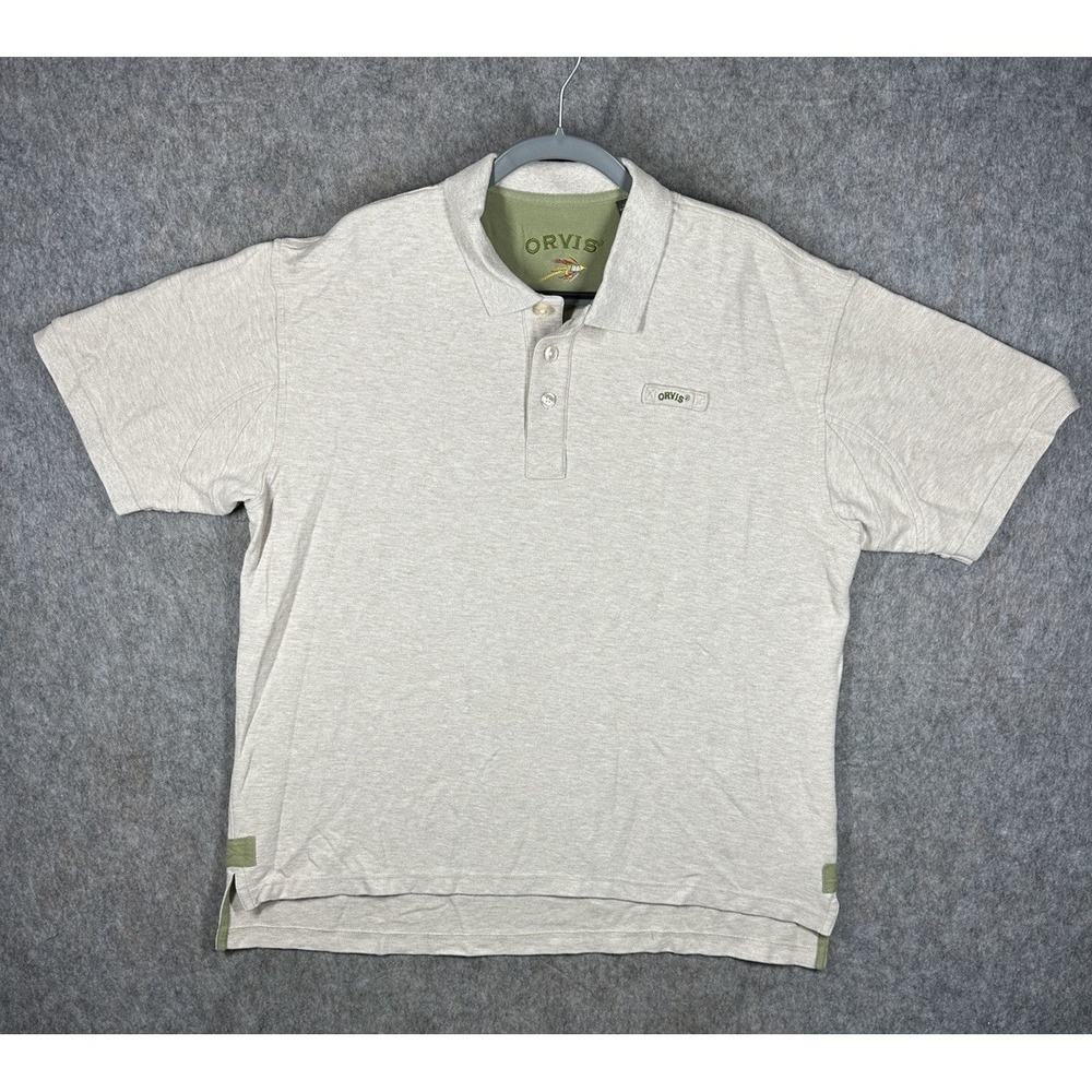 Orvis Mens XL Signature Polo Shirt Fly Fishing Logo 100% Cotton Oatmeal